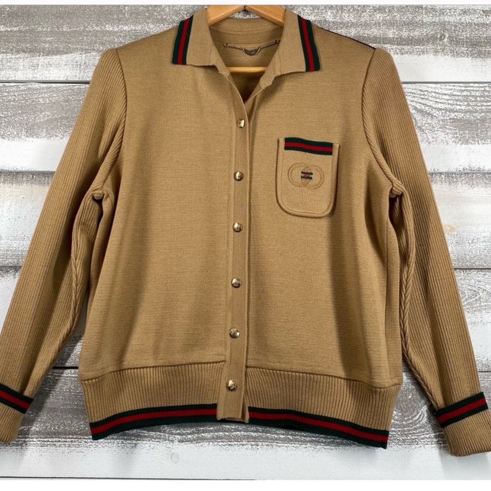 Vintage Camel Knit Stretch Green Red Stripe Trim Gold Button Down Cardigan